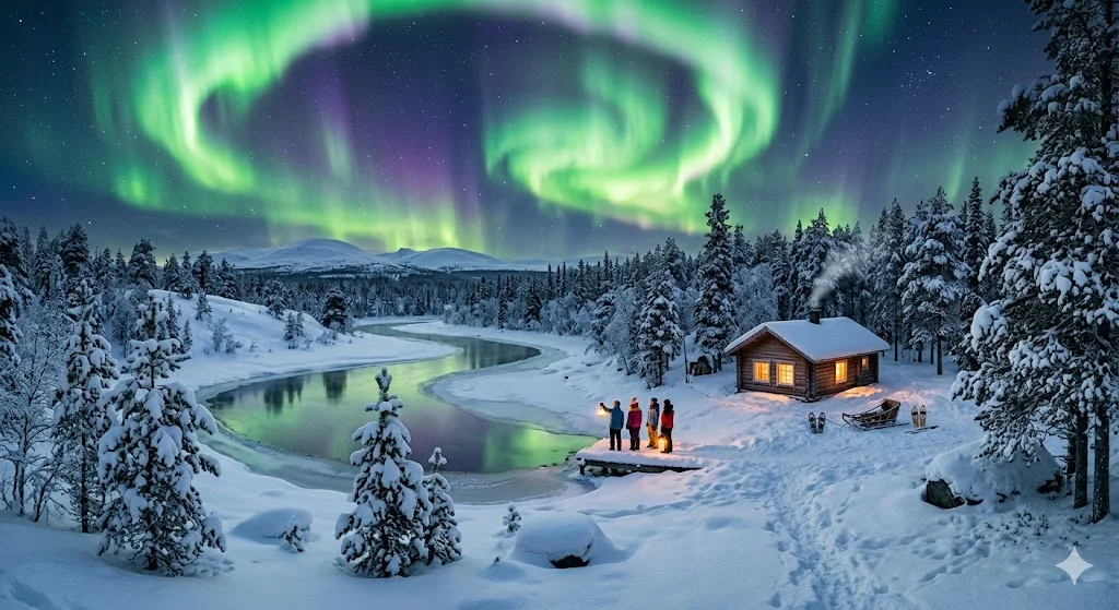 Talvinen Lappi ja Revontulet